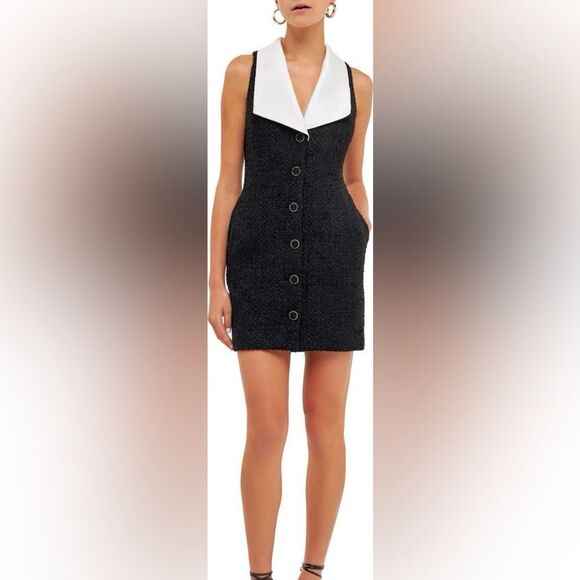 NWT Endless Rose Contrast Collar Tweed Mini Dress size medium women with pockets - Picture 2 of 16